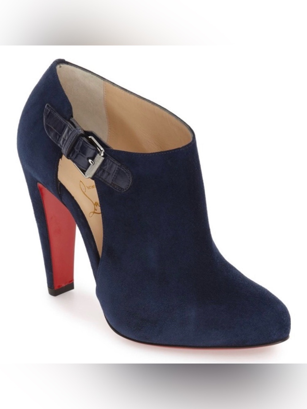 Christian Louboutin Black Suede Ankle Boot with Red Sole and Buckle